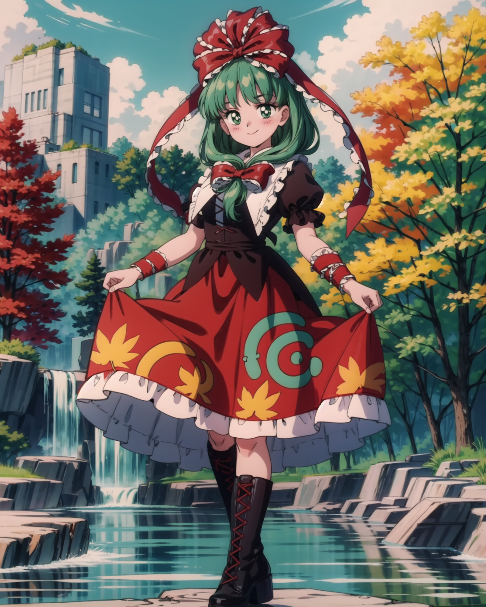 00982-3591764371-,1girl, kagiyama hina, solo, boots, short sleeves, front ponytail, green hair, puffy short sleeves, dress, smile, puffy sleeves,.png